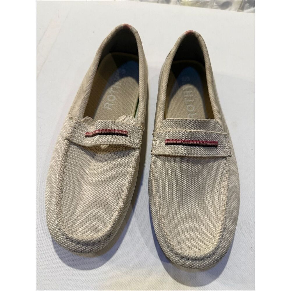 Rothy's Beige Canvas Penny Loafers with Maroon Accent